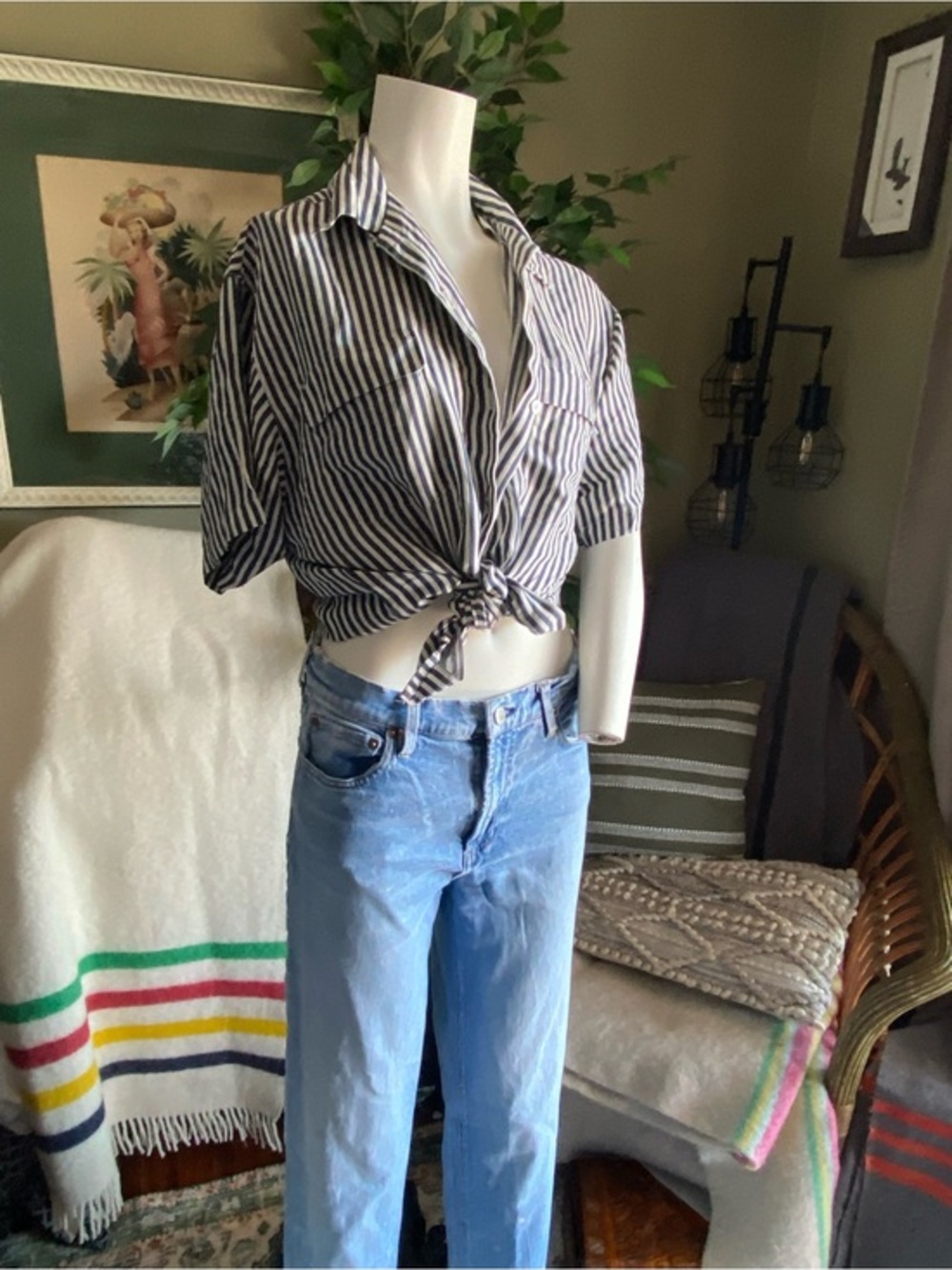 SilkLand Black and White Striped Tie-Front Shirt
